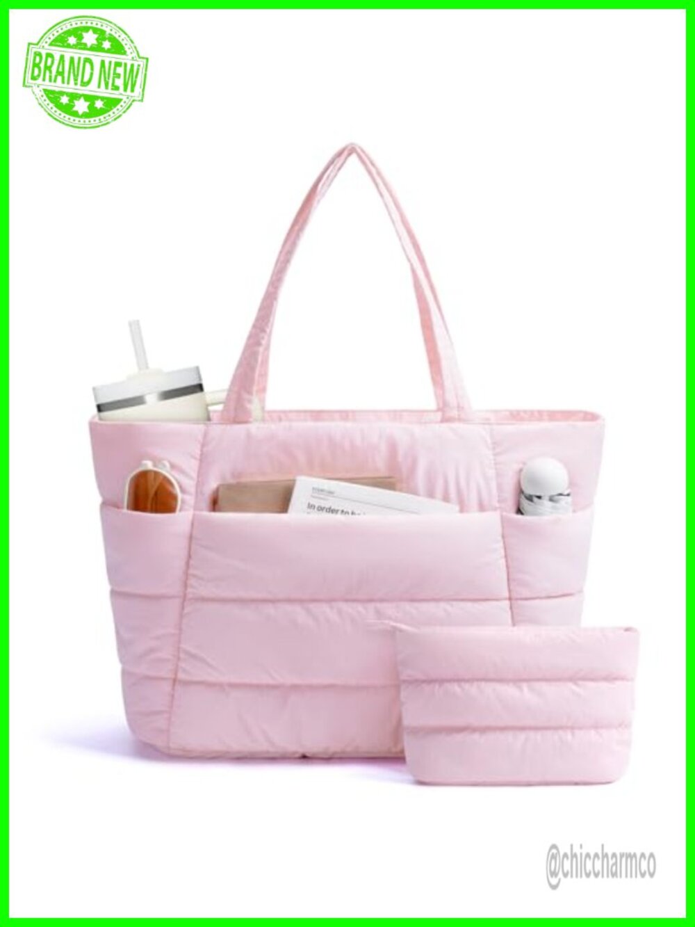Quilted Nylon Puffer Tote Bag for Women Lightweight Travel Gym Nurse Work Bag